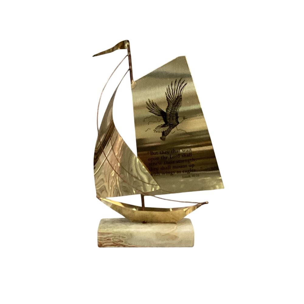 Vintage Brass Sailboats on Marble Bases. Set of Three.